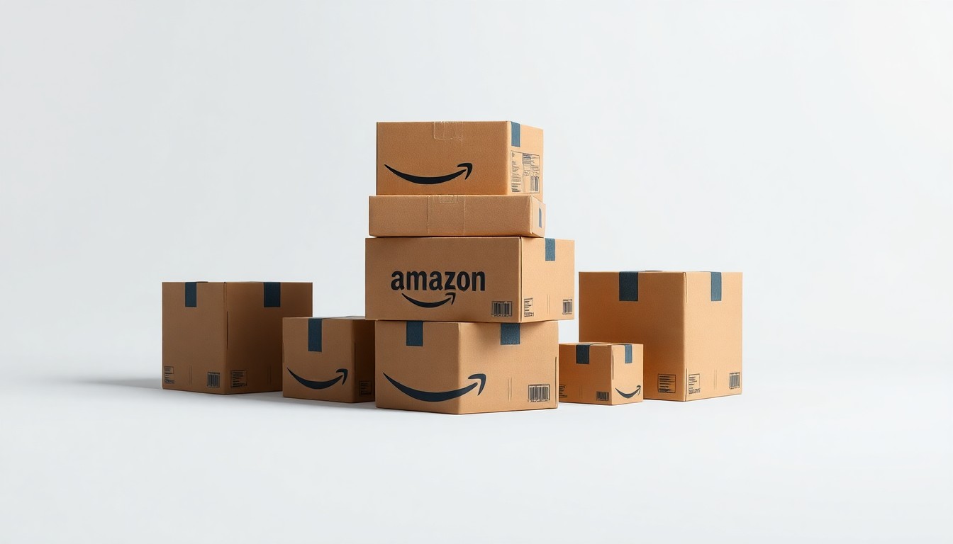 A high-end, photorealistic studio still-life photograph featuring a stack of Amazon shipping boxes made from polished raw materials and clean geometric shapes, arranged elegantly on a clean, monochromatic seamless background. The objects use sharp, dramatic studio lighting and deep shadows to represent the abstract corporate strategy and financial impacts of rising fuel costs.