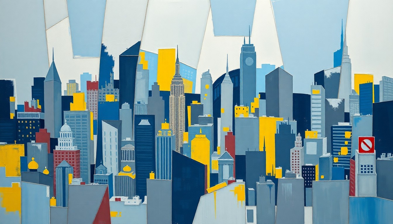 An abstract, fragmented painting in shades of blue, grey, and yellow, depicting an overlapping cityscape with geometric shapes and brushstrokes, conveying a sense of chaos and tension around the city's budget negotiations.