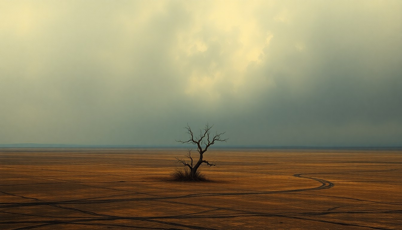 A sweeping, atmospheric landscape painting in muted earth tones, depicting a vast, desolate plain under a heavy, overcast sky. A lone, withered tree or shrub stands in the foreground, dwarfed by the expansive, drought-stricken terrain.
