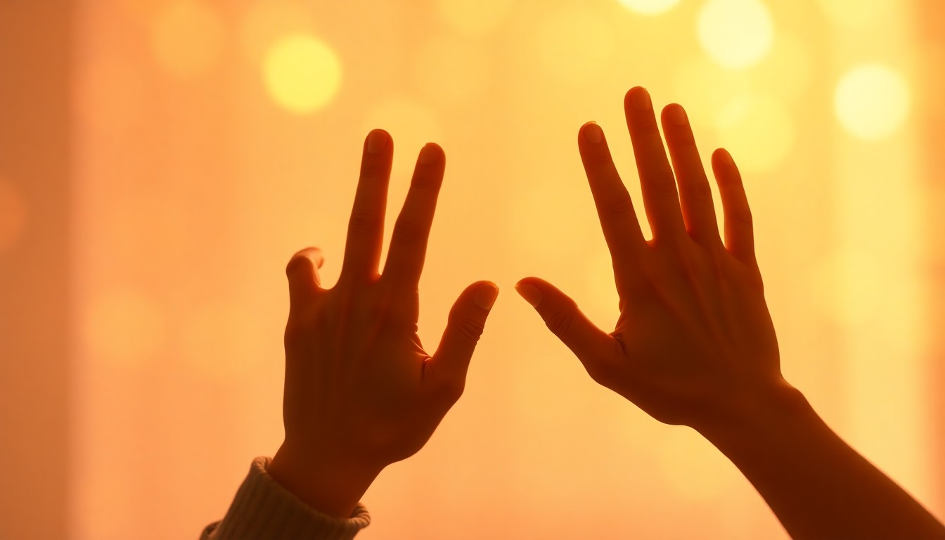 An abstract, out-of-focus photograph of a person's hands signing in American Sign Language, surrounded by soft, warm pools of light and color, conveying the sensory experience of navigating the world as a deaf or hard-of-hearing individual.