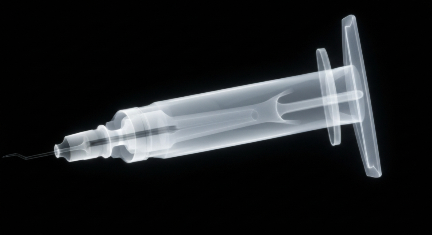 An extreme close-up X-ray photograph of a used hypodermic needle, its internal structure glowing ghostly against a dark background, conceptually representing the public health risks of needle sharing and the need for harm reduction strategies.