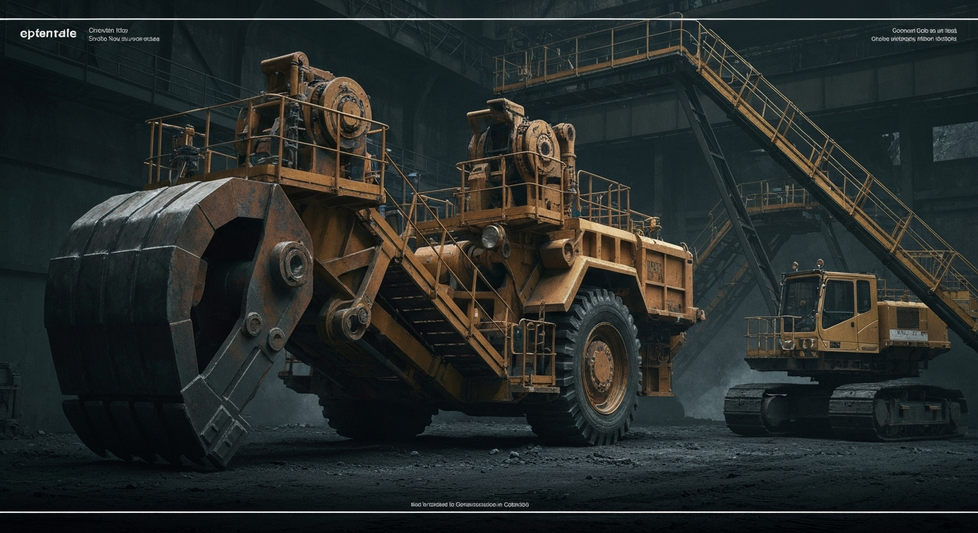 An extreme close-up of rugged, industrial mining equipment and machinery, conveying the physical scale and power of the precious metals extraction industry.