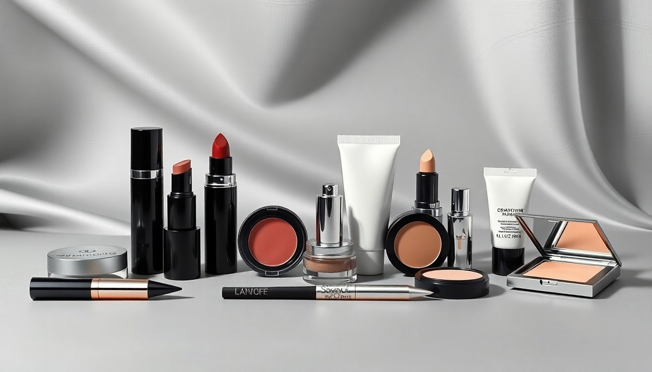 A high-end, photorealistic studio still-life photograph featuring a collection of premium, polished makeup products in geometric shapes and clean lines, arranged elegantly on a monochromatic seamless background. The objects represent the abstract concepts of corporate strategy, finance, and market trends in the cosmetics industry.