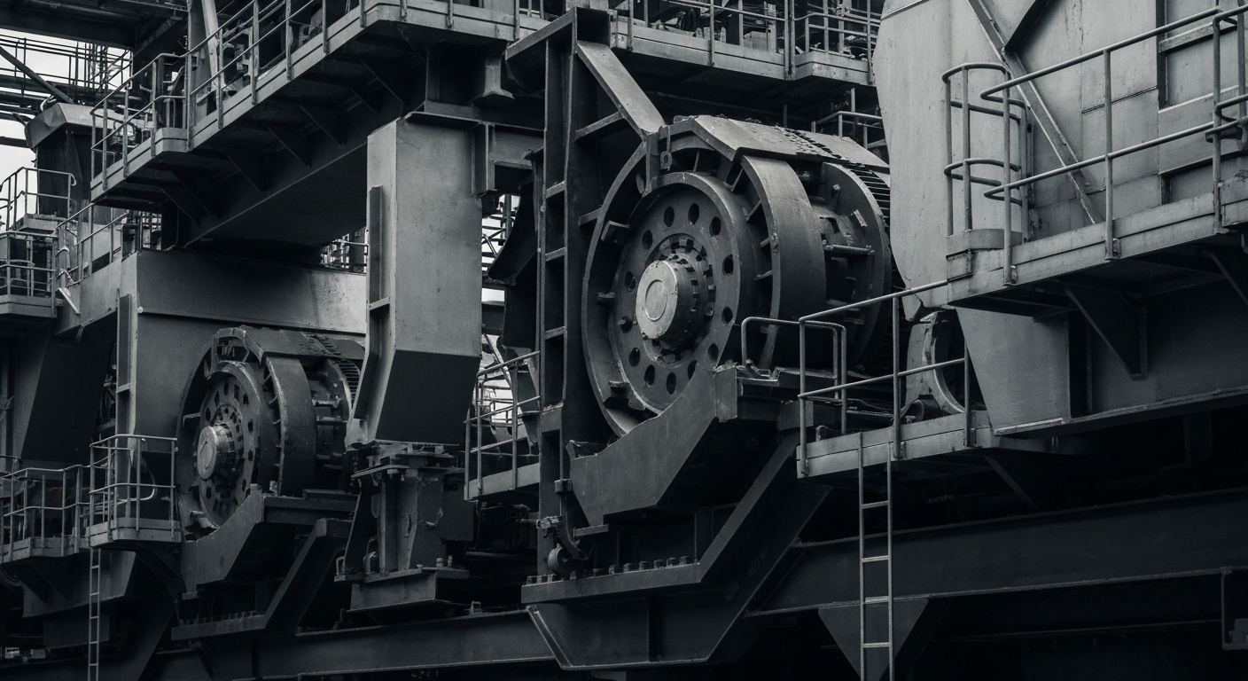 A highly detailed, black-and-white close-up image of the inner workings of heavy industrial steel equipment, conveying the scale and complexity of Commercial Metals' operations without using any text or identifiable elements.