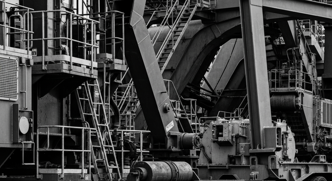 A high-contrast, close-up photograph of the intricate machinery and equipment used in the transportation and logistics industry, conveying a sense of the scale and complexity of the physical infrastructure that supports the freight sector.