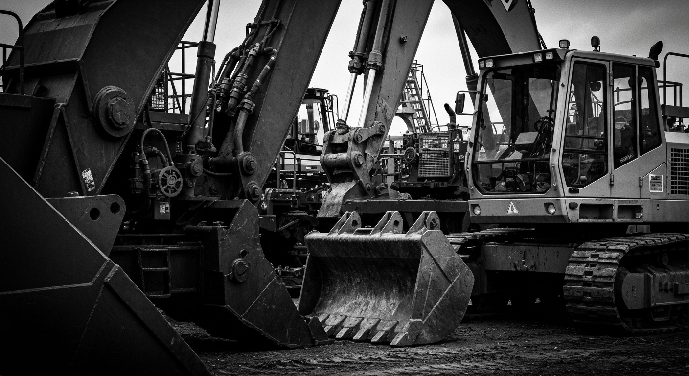 A high-contrast, close-up image of heavy industrial machinery and equipment used in construction and staffing, conveying a sense of the physical, tangible nature of the work Orion Group performs.