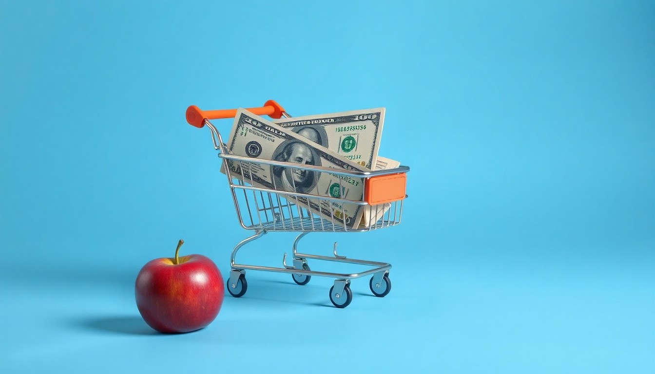 A photorealistic studio still life featuring a stack of crisp dollar bills, a sleek metal shopping cart, and a single red apple, symbolizing Walmart's focus on value, scale, and fresh produce.