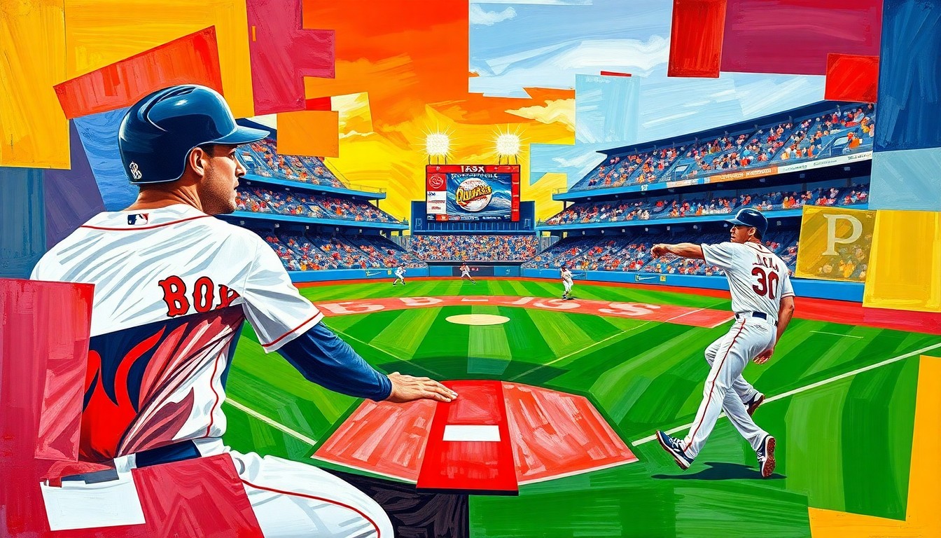 A fractured, multi-perspective painting depicting a baseball game, with sharp, overlapping geometric planes in the vibrant colors of the Red Sox and Padres uniforms, capturing the raw energy and excitement of the sport.