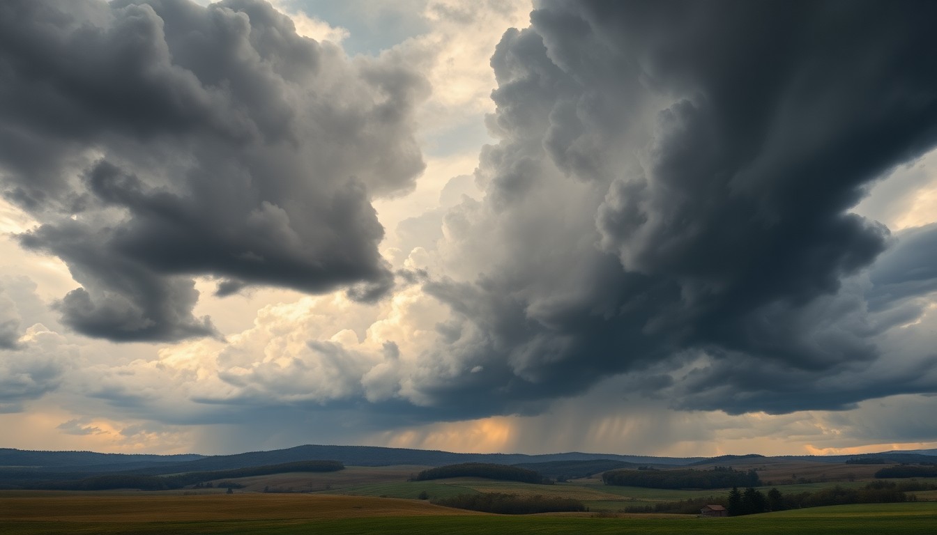 A sweeping, atmospheric landscape painting in muted tones of gray, blue, and green, depicting a dramatic, cloudy sky over a rolling rural countryside. The natural elements dominate the scene, with any man-made structures or objects obscured by the overwhelming scale of the weather conditions.