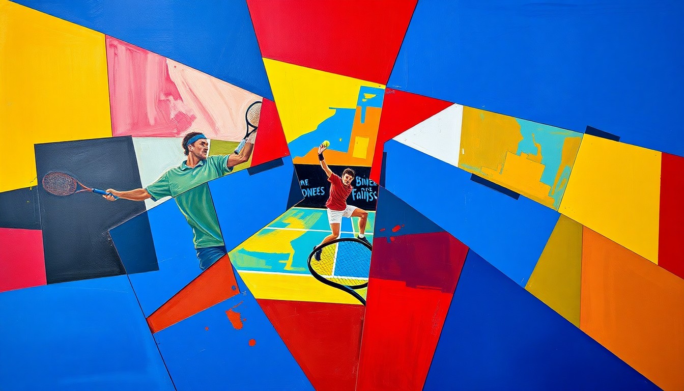 A fragmented, geometric painting depicting a tennis player in motion, with sharp planes of color and overlapping shapes representing the dynamic nature of the sport.