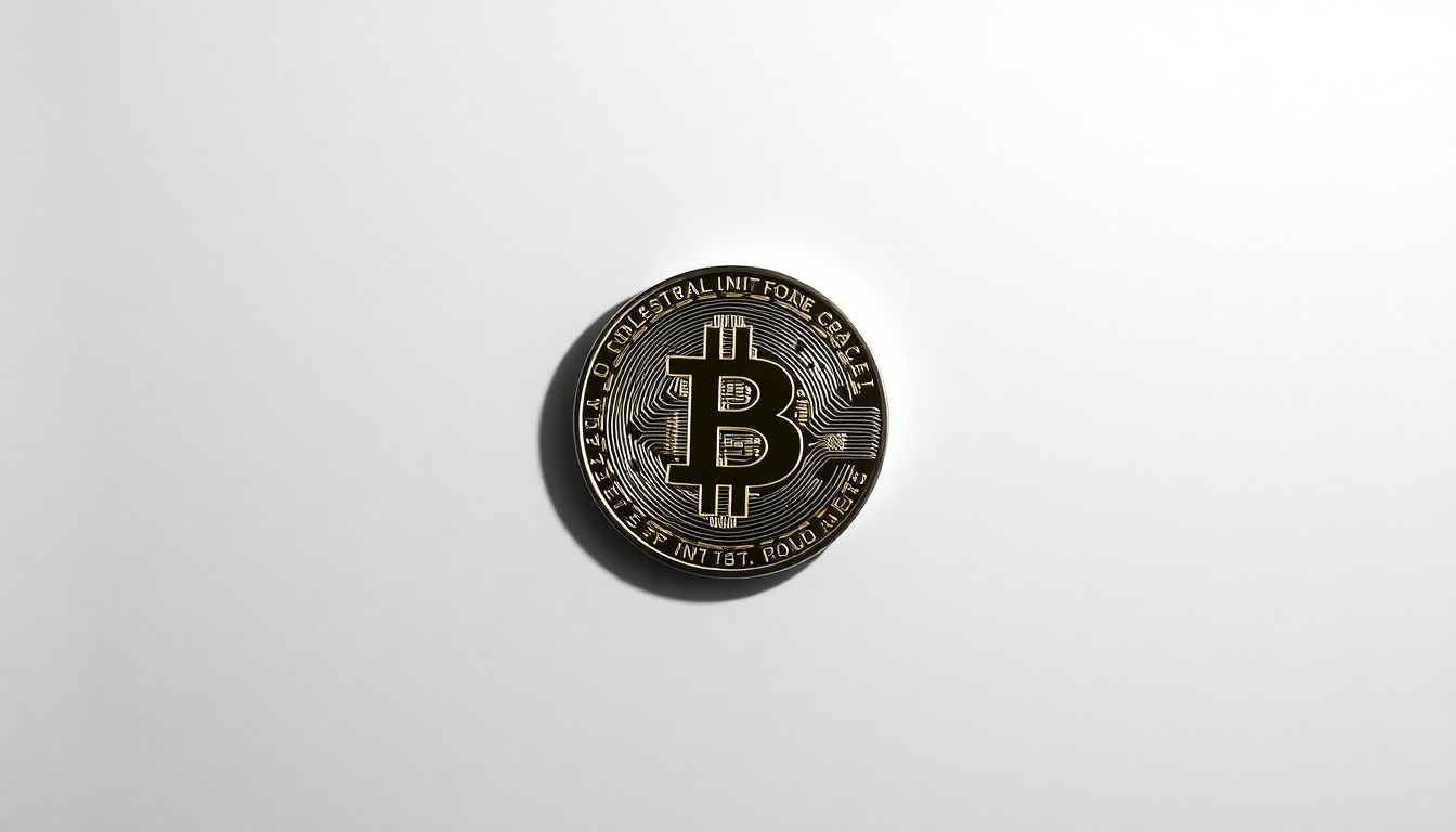 A photorealistic studio still life featuring a single polished Bitcoin coin resting on a clean, monochromatic background, with dramatic lighting and shadows to convey the abstract corporate strategy and financial pressures facing the crypto mining industry.