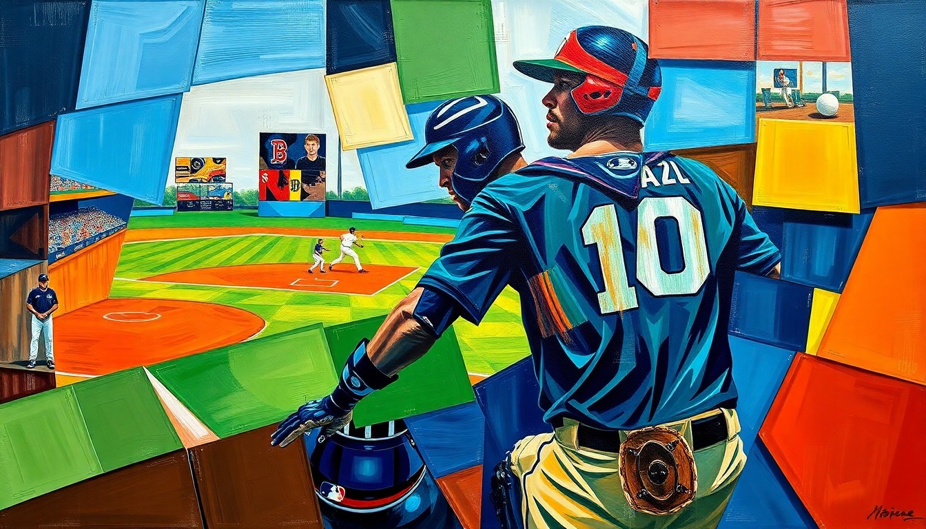 A fragmented, geometric painting depicting a baseball catcher in motion, with sharp planes of color and overlapping shapes conveying the excitement and significance of the historic debut.