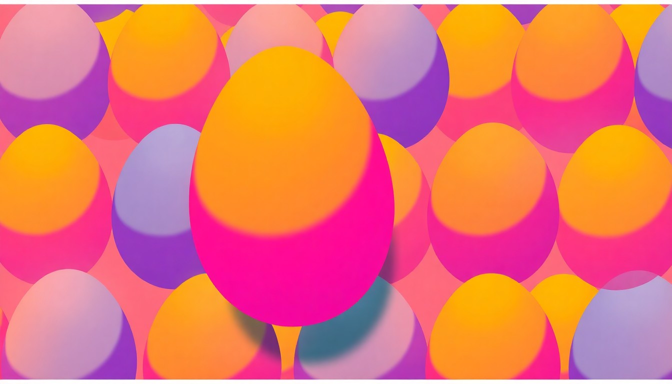 A brightly colored, high-contrast silkscreen print of a single, iconic Easter egg repeated in a tight grid pattern, conceptually representing the joyful energy and inclusive nature of Pueblo's Easter festivities.