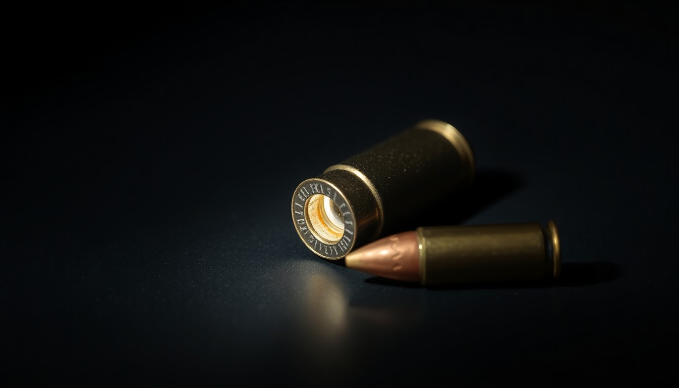 An extreme close-up photograph of a single spent bullet casing on a dark surface, lit by a harsh, direct camera flash, creating a stark, gritty, investigative aesthetic without any text or symbols.