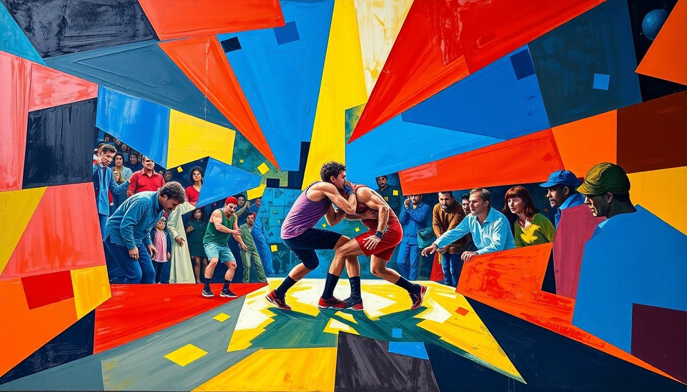 A dynamic, cubist-style painting depicting the energy and intensity of an NXT wrestling match, with overlapping geometric shapes and planes in a bold color scheme conveying the standalone significance of the Stand & Deliver event.