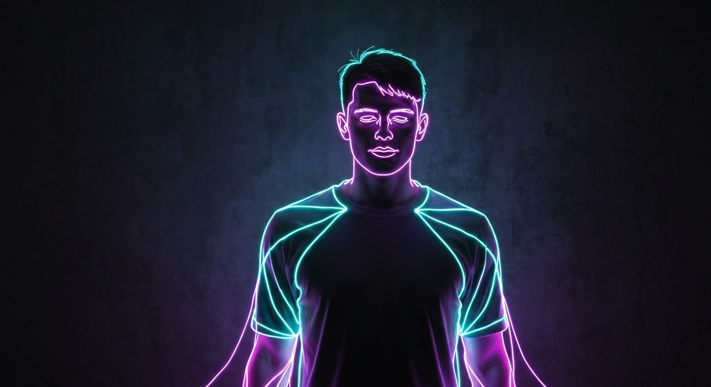 A minimalist design in the style of Keith Haring, where a human figure in a yoga pose is defined entirely by glowing, vibrant neon lines against a deep, dark background, emphasizing the shape and energy of the pose.