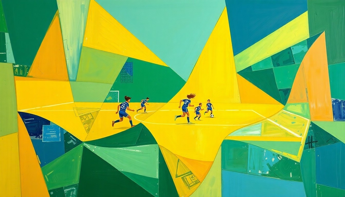 A cubist-style painting featuring fragmented, geometric shapes in shades of green, blue, and yellow, conceptually representing the dynamic action and energy of a high school girls' soccer match.