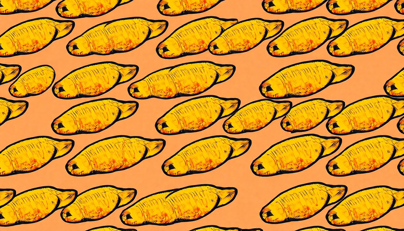A high-contrast silkscreen print of a single fried fish fillet repeated in a grid, rendered in a bold, neon color palette with heavy black outlines, conceptually representing the classic Cleveland fish fry as modern pop art.