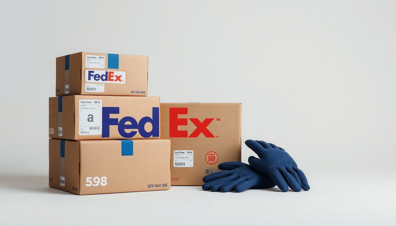 A high-end, photorealistic studio still-life featuring a stack of shipping boxes, a pair of work gloves, and a FedEx-branded label on a clean, monochromatic background, conceptually representing the core business and market forces of the logistics industry.