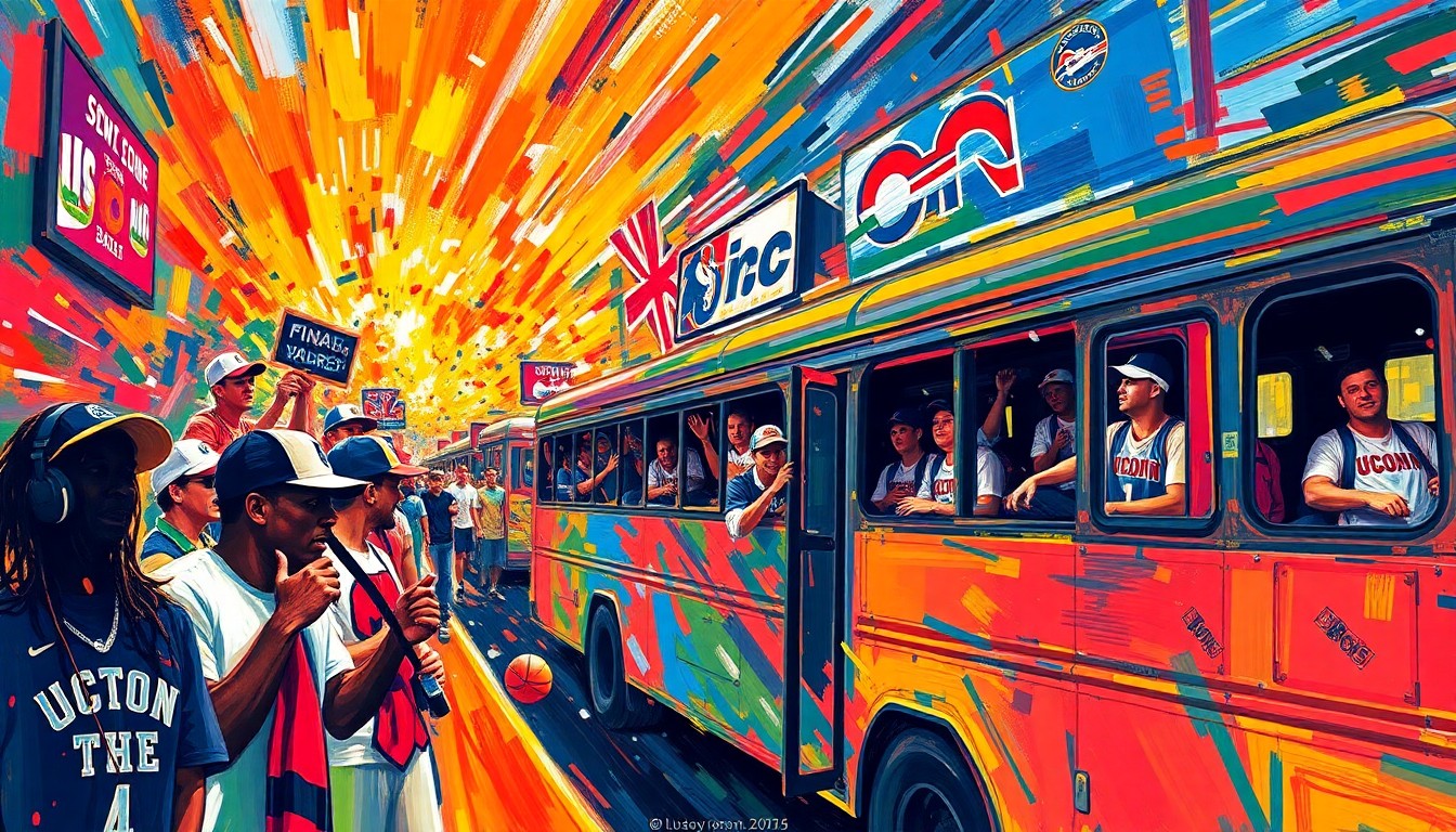 A dynamic, colorful painting with thick, expressive brushstrokes depicting a crowd of people boarding buses, their faces and figures blurred into a vibrant, energetic scene that captures the excitement and passion of UConn basketball fans heading to the Final Four tournament.