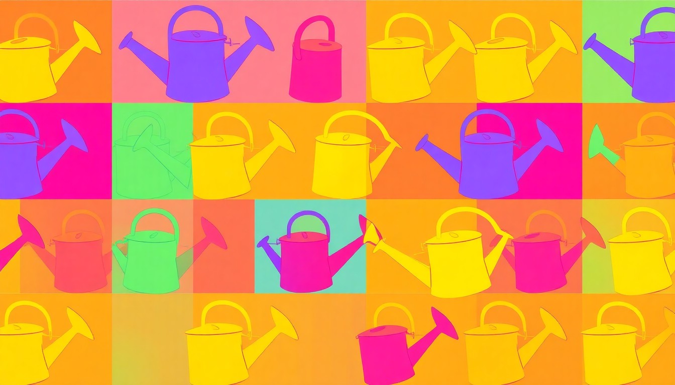 A brightly colored, high-contrast silkscreen print of a pitchfork repeated in a tight grid pattern, conceptually representing the agricultural focus of the new Agrihood community.