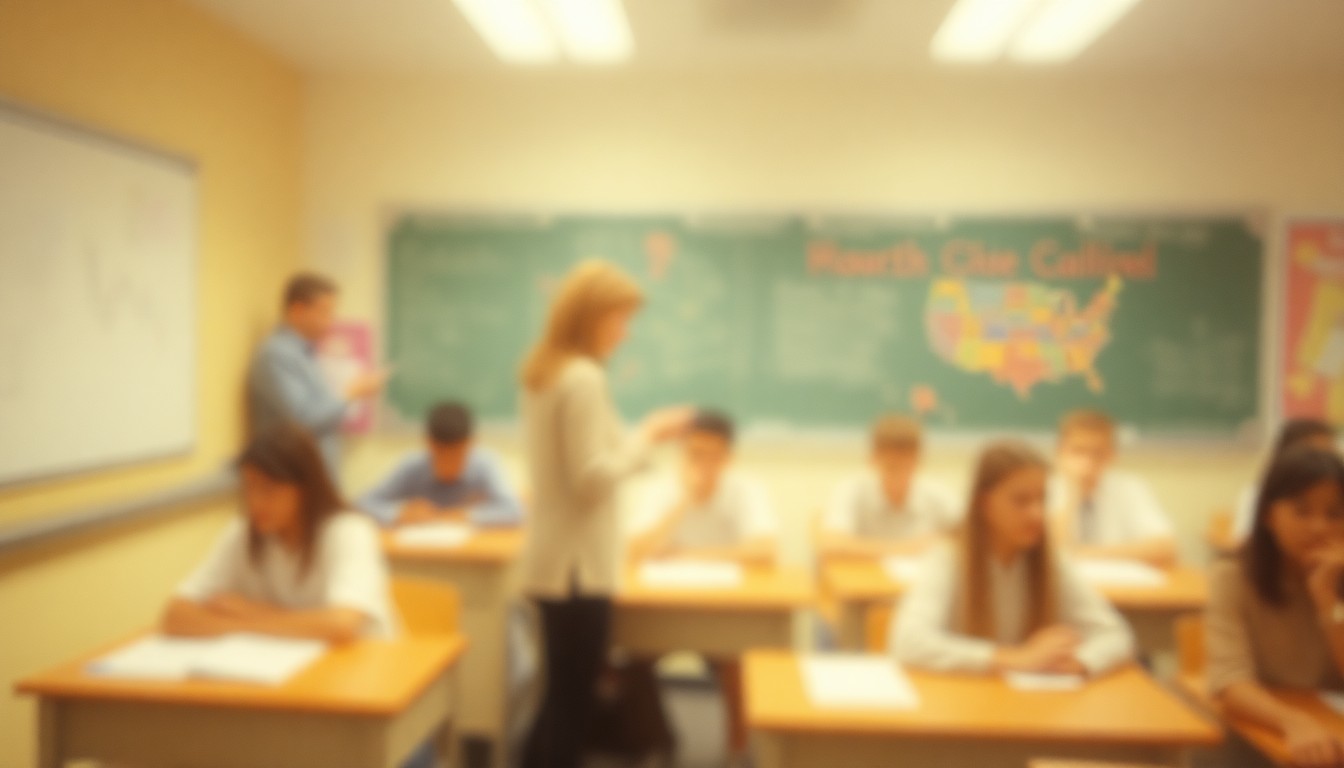 An abstract, impressionistic scene of blurred, warm-toned shapes and colors representing a classroom, conveying the emotional tone of an ongoing debate over education reform.