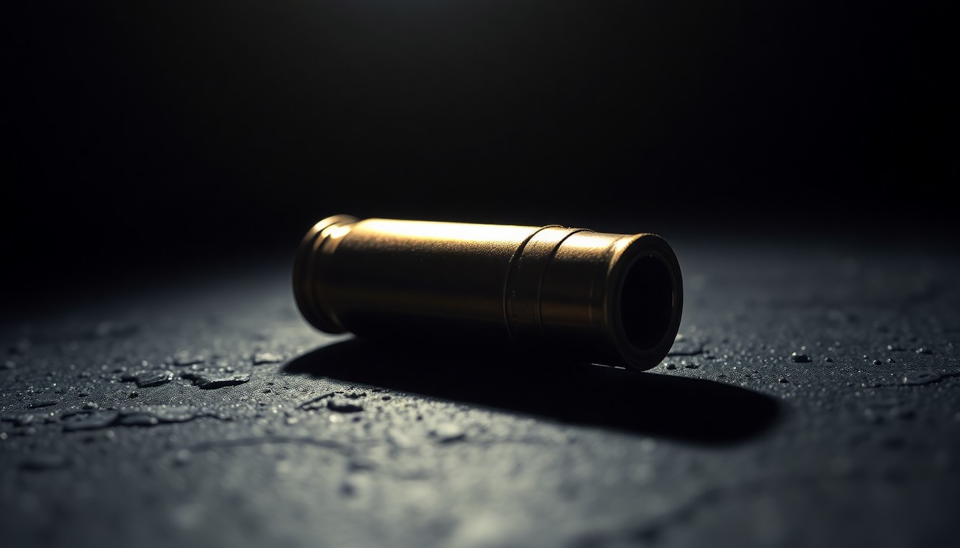 An extreme close-up of a shiny, metallic spent shell casing on a dark, textured surface, conceptually representing the aftermath of a shooting incident.