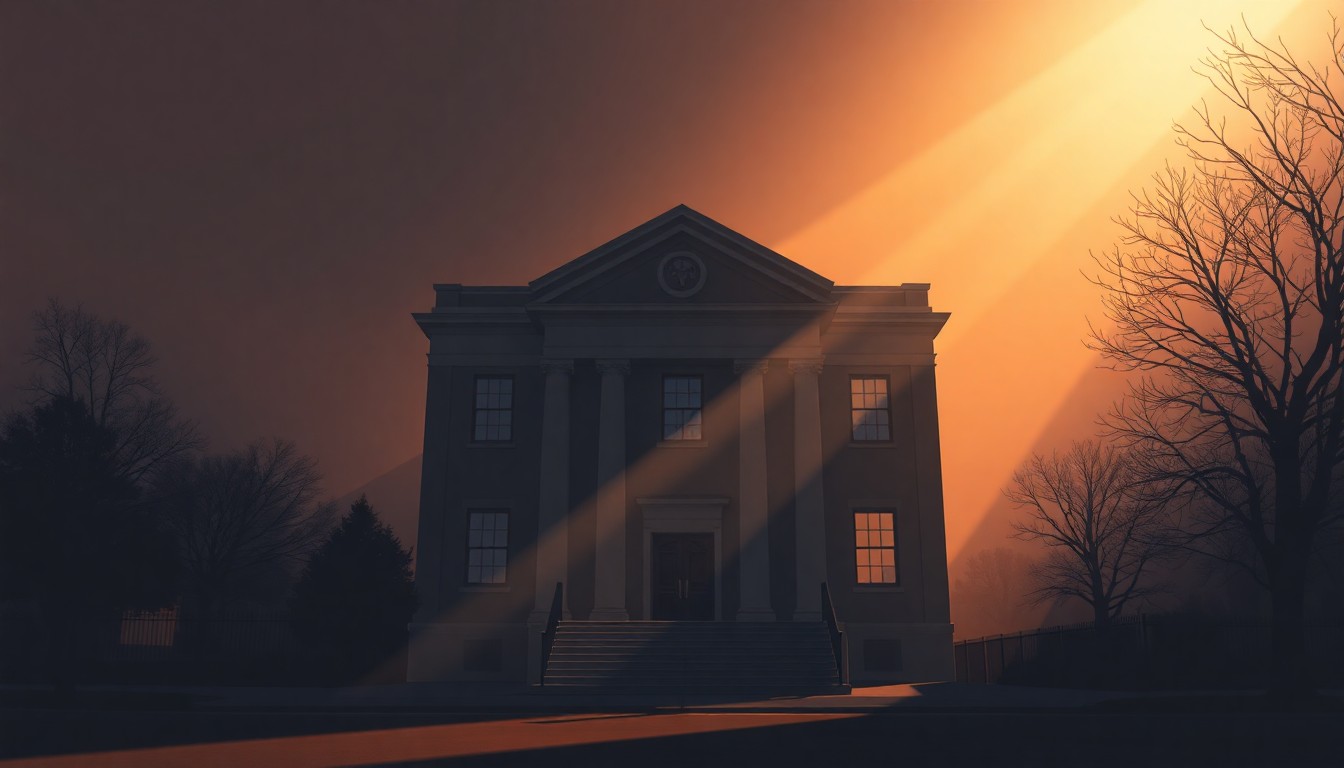 A photorealistic painting of a stately city hall building in warm, golden sunlight, with deep shadows casting across the facade, conveying a sense of civic pride and quiet determination.