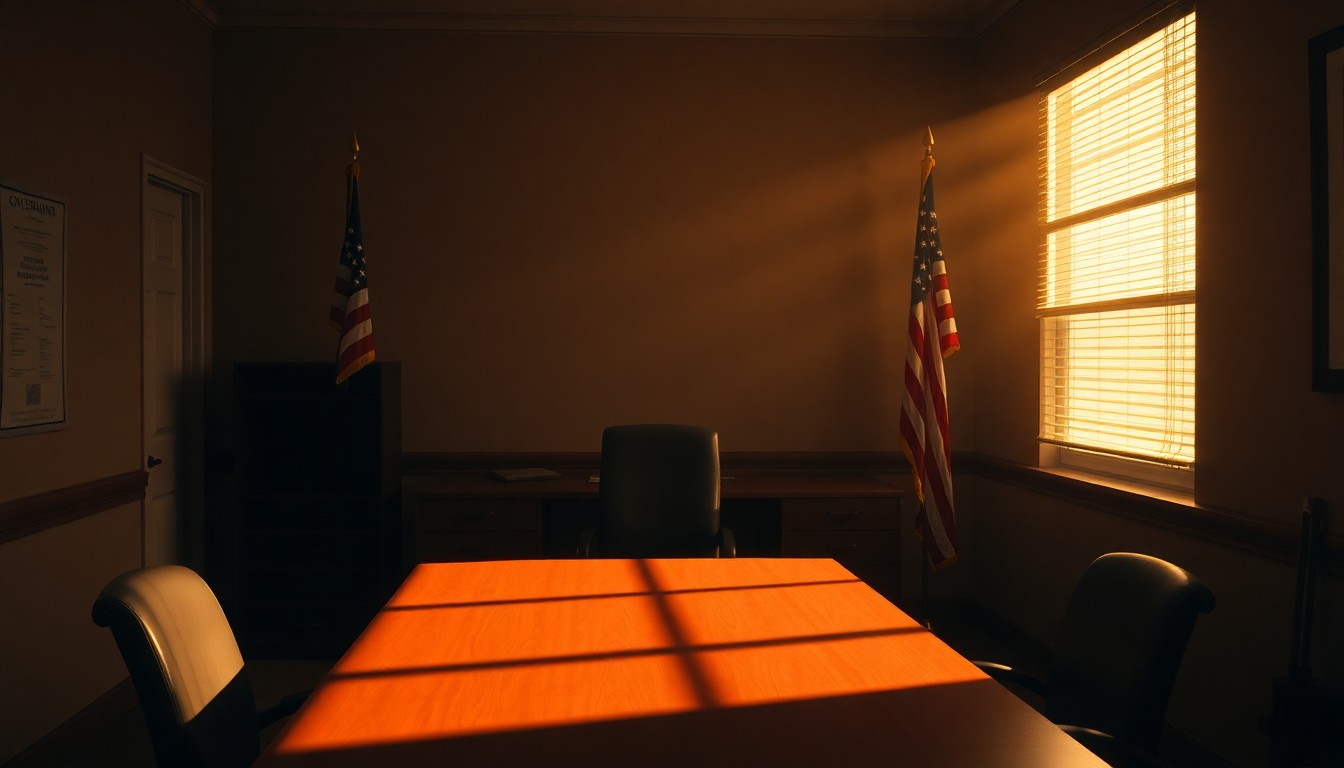 A dimly lit, cinematic painting of a solitary government office desk, with a single American flag standing upright in the corner, bathed in warm, diagonal sunlight and deep shadows, conveying a sense of quiet melancholy and the human impact of the DHS funding crisis.