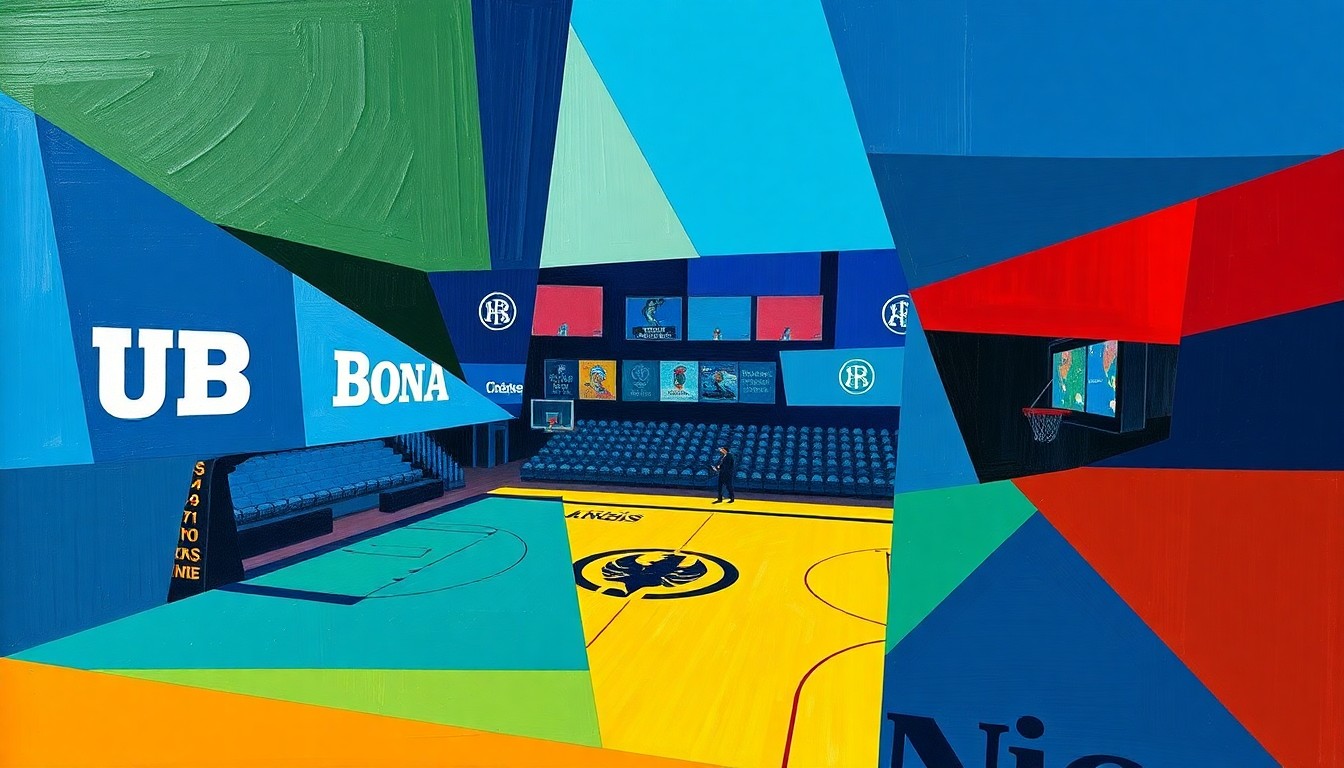 A cubist, geometric painting featuring overlapping planes of blue, gold, purple, and yellow, conceptually representing the fragmented state of college basketball in the Buffalo region as star players depart their teams.