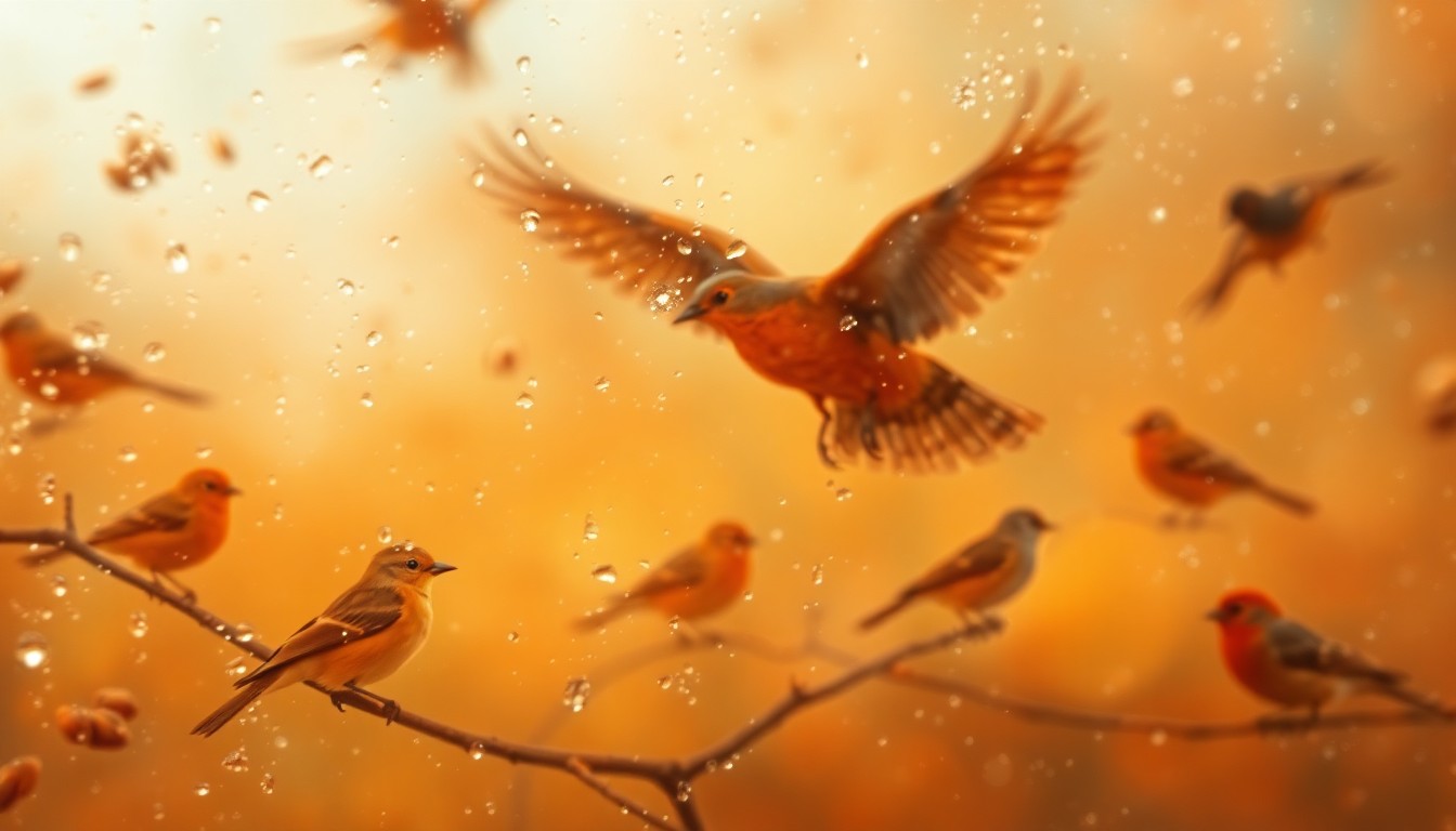 An impressionistic, dreamlike scene of blurred, colorful bird silhouettes in a hazy, atmospheric setting, conveying the beauty and mystery of the natural world.