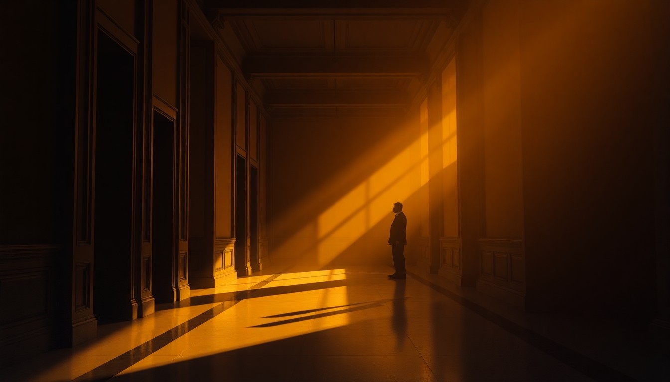 A solitary figure stands alone in a dimly lit government building hallway, bathed in warm, diagonal sunlight and deep shadows, conceptually representing the high-stakes political maneuvering ahead of the Republican gubernatorial primary.