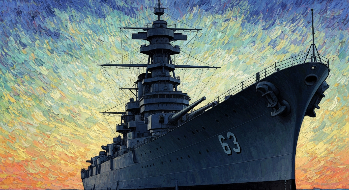 A textured oil painting in the style of Vincent Van Gogh, depicting the massive silhouette of the USS Wisconsin battleship against a vibrant, colorful sky, conveying a sense of scale and power.