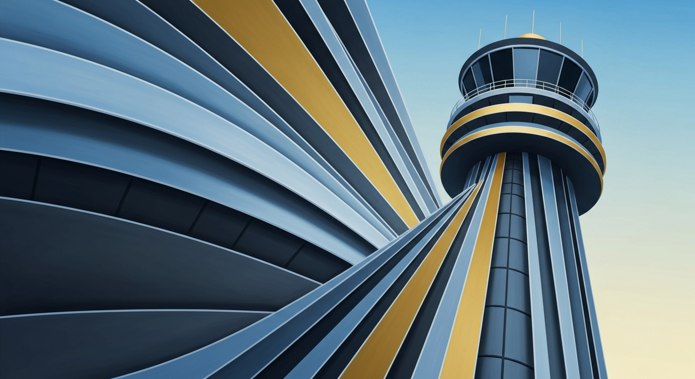 A bold, geometric illustration depicting a towering air traffic control tower in an Art Deco style, conveying the grand scale and complexity of modern air travel.