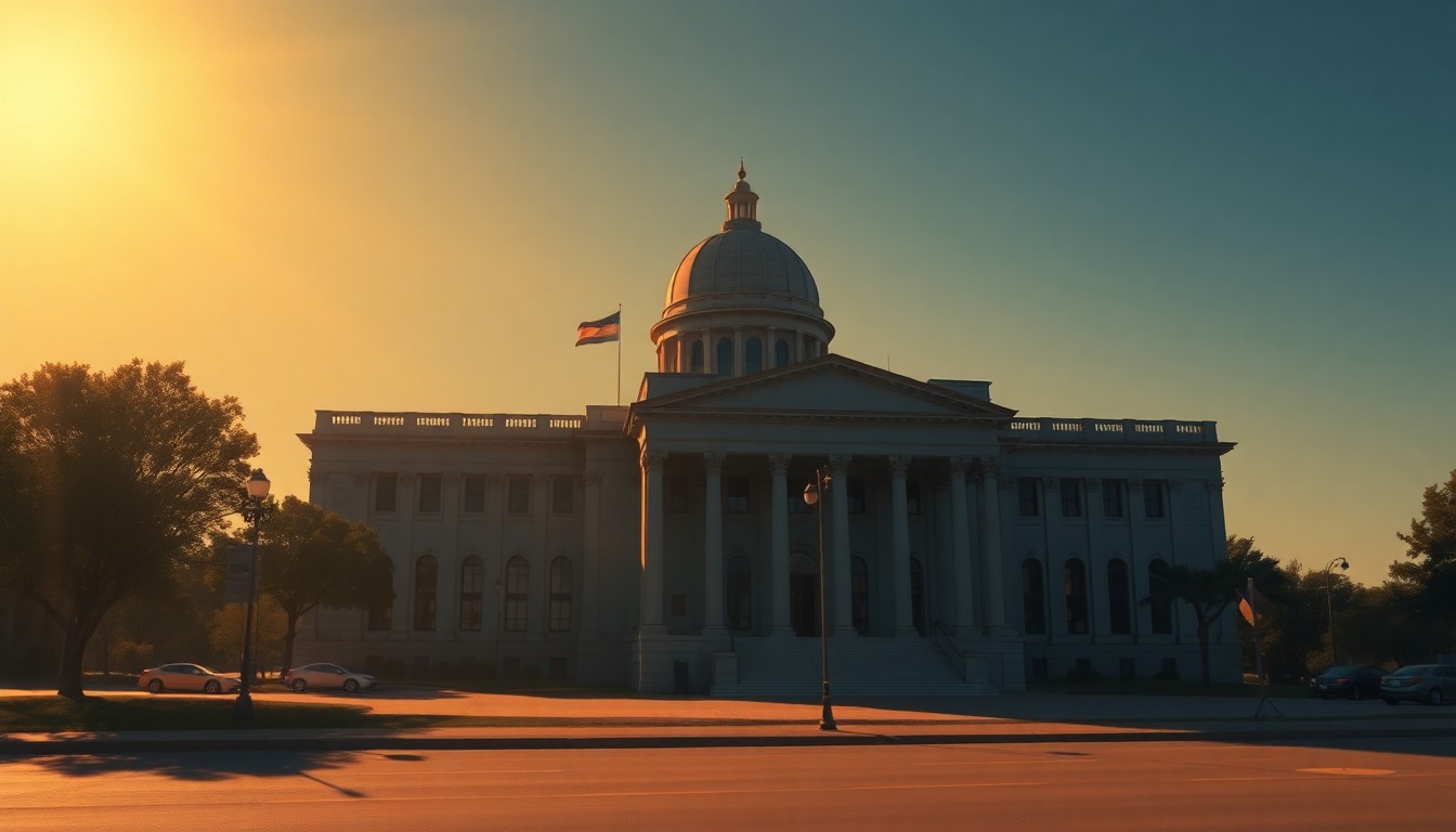 A photorealistic oil painting depicting the California state capitol building in a warm, muted color palette with dramatic lighting and shadows, conveying a sense of contemplative solitude and political intrigue.