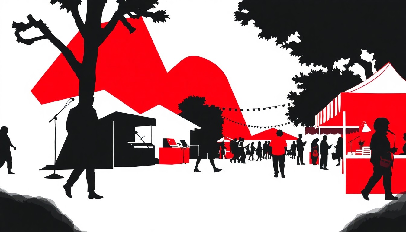 A bold, abstract illustration featuring sharp, angular shapes in red, white, and black, conveying the lively, celebratory atmosphere of an outdoor arts festival.