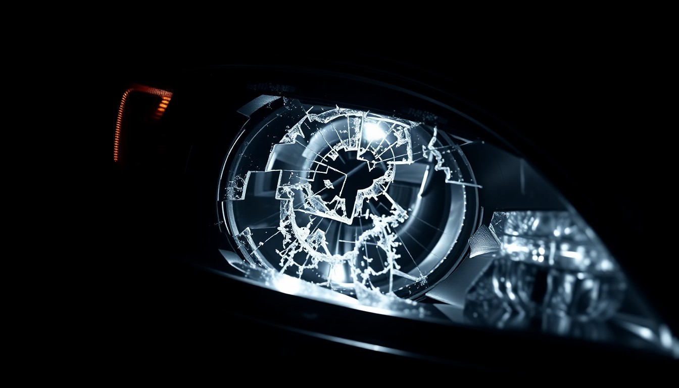 An extreme close-up of a shattered car headlight lens reflecting a harsh, direct flash of light, conceptually illustrating the aftermath of a serious traffic accident.