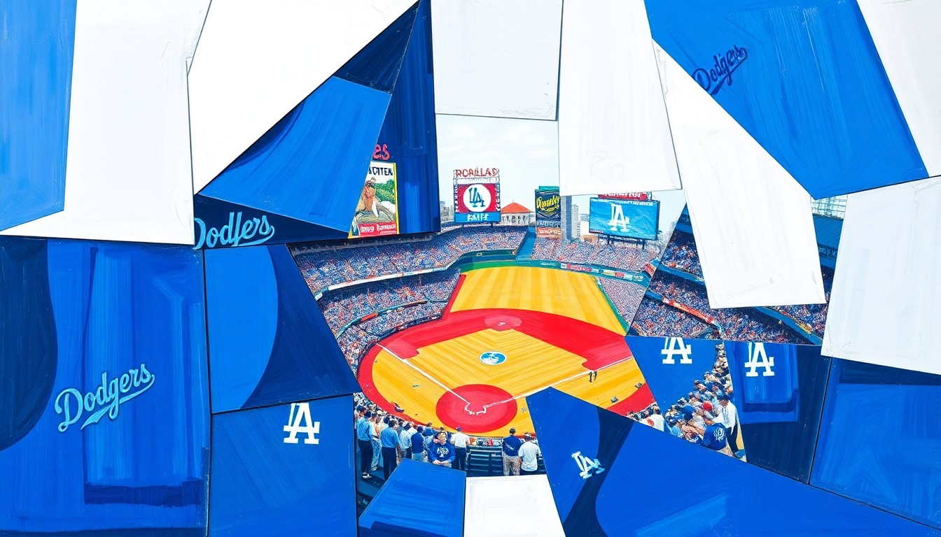 A cubist, geometric painting depicting a Dodgers baseball game, with the players and field broken down into overlapping, angular shapes in vibrant blue, white, and red colors, capturing the energy and intensity of the team's pursuit of a historic three-peat.