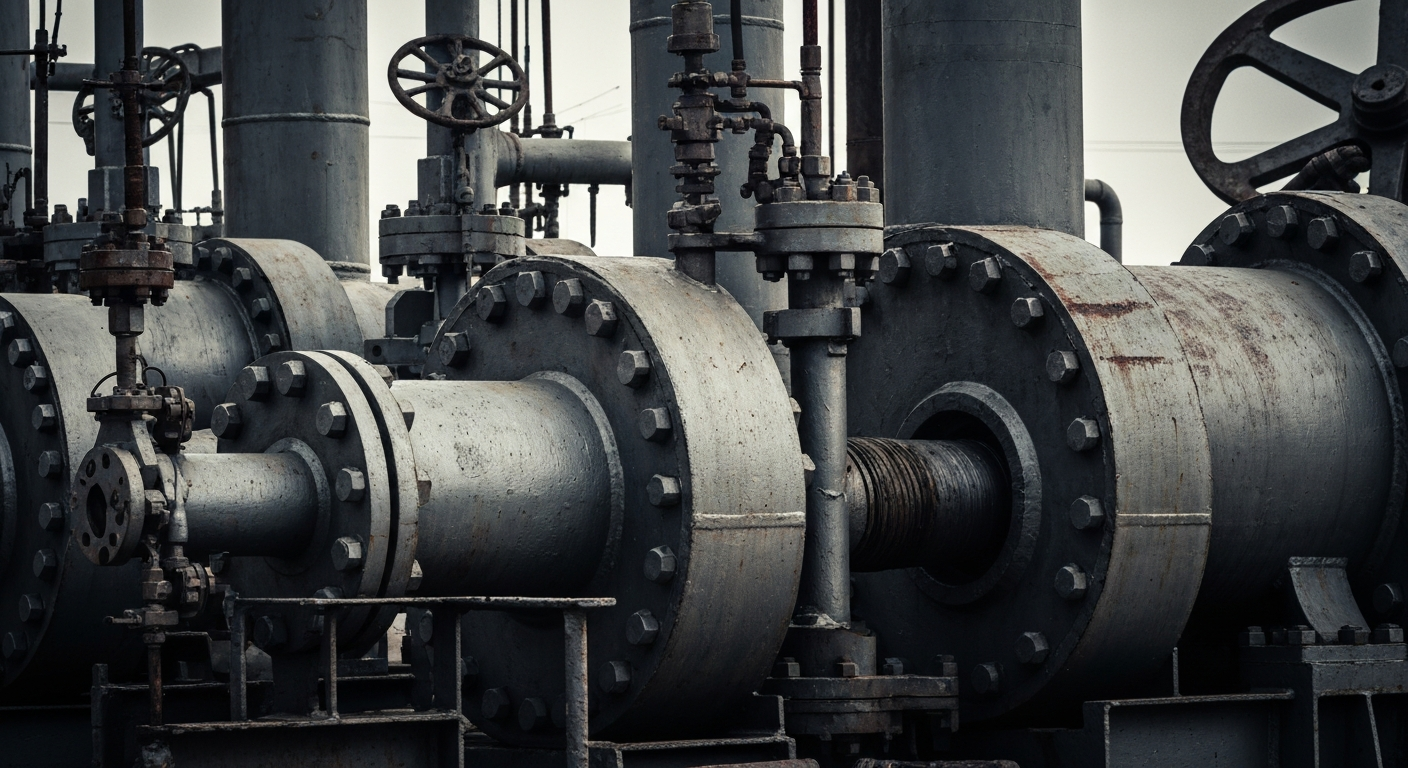 A highly detailed, cinematic close-up of industrial oil and gas equipment, capturing the physical scale and complexity of the energy sector's infrastructure.