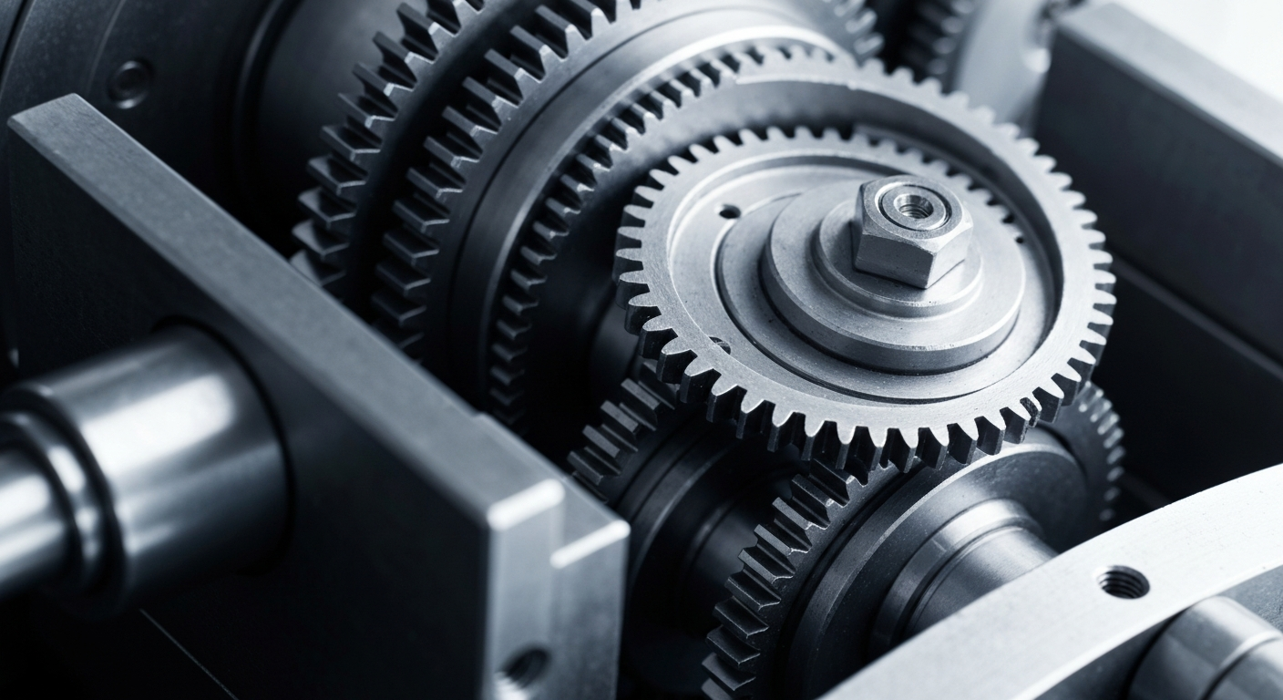 An extreme close-up of shiny, industrial metal gears and machinery, conceptually representing the secure, institutional nature of the precious metals finance industry.