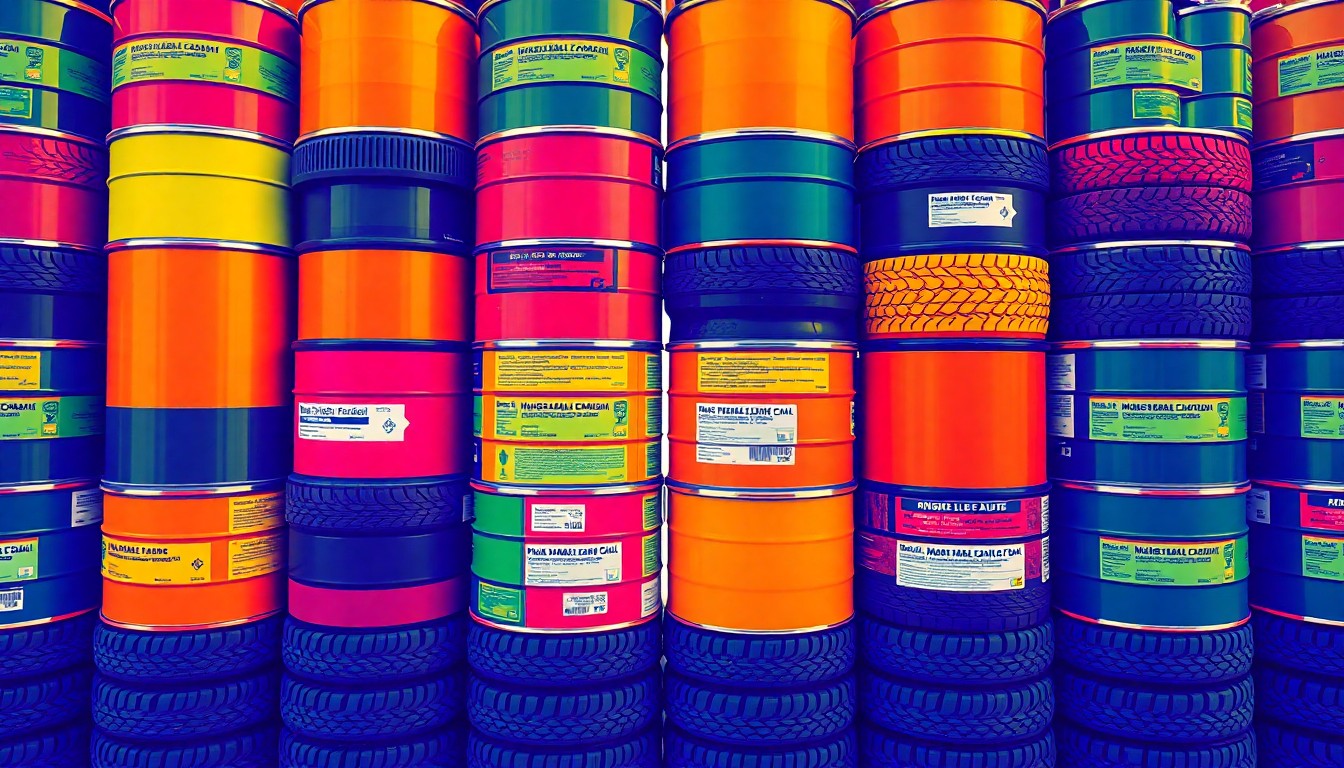 A brightly colored, high-contrast silkscreen-style illustration featuring a repeating grid of paint cans, tires, and other household hazardous waste items, conceptually representing the free disposal event for Hoover residents.