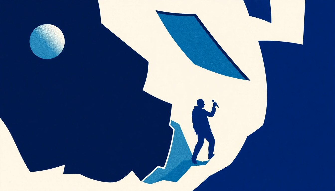 An abstract illustration featuring sharp, angular shapes in deep blue, bright white, and metallic silver, conveying the themes of space exploration, scientific innovation, and musical performance without any text or literal imagery.