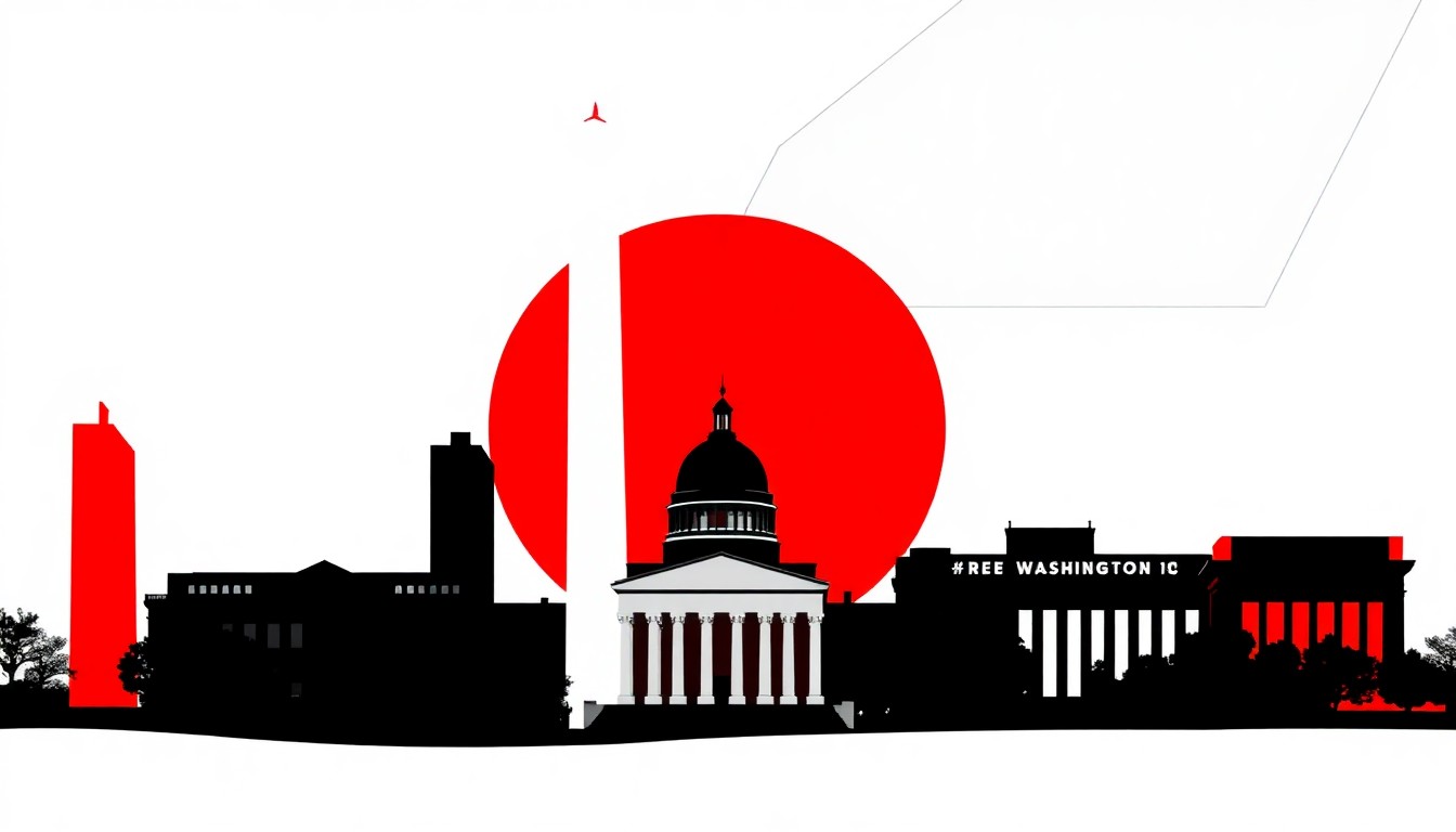 A striking black silhouette of the United States Capitol building set against a bold red background, conceptually representing the historic theater's celebration of Washington, D.C.