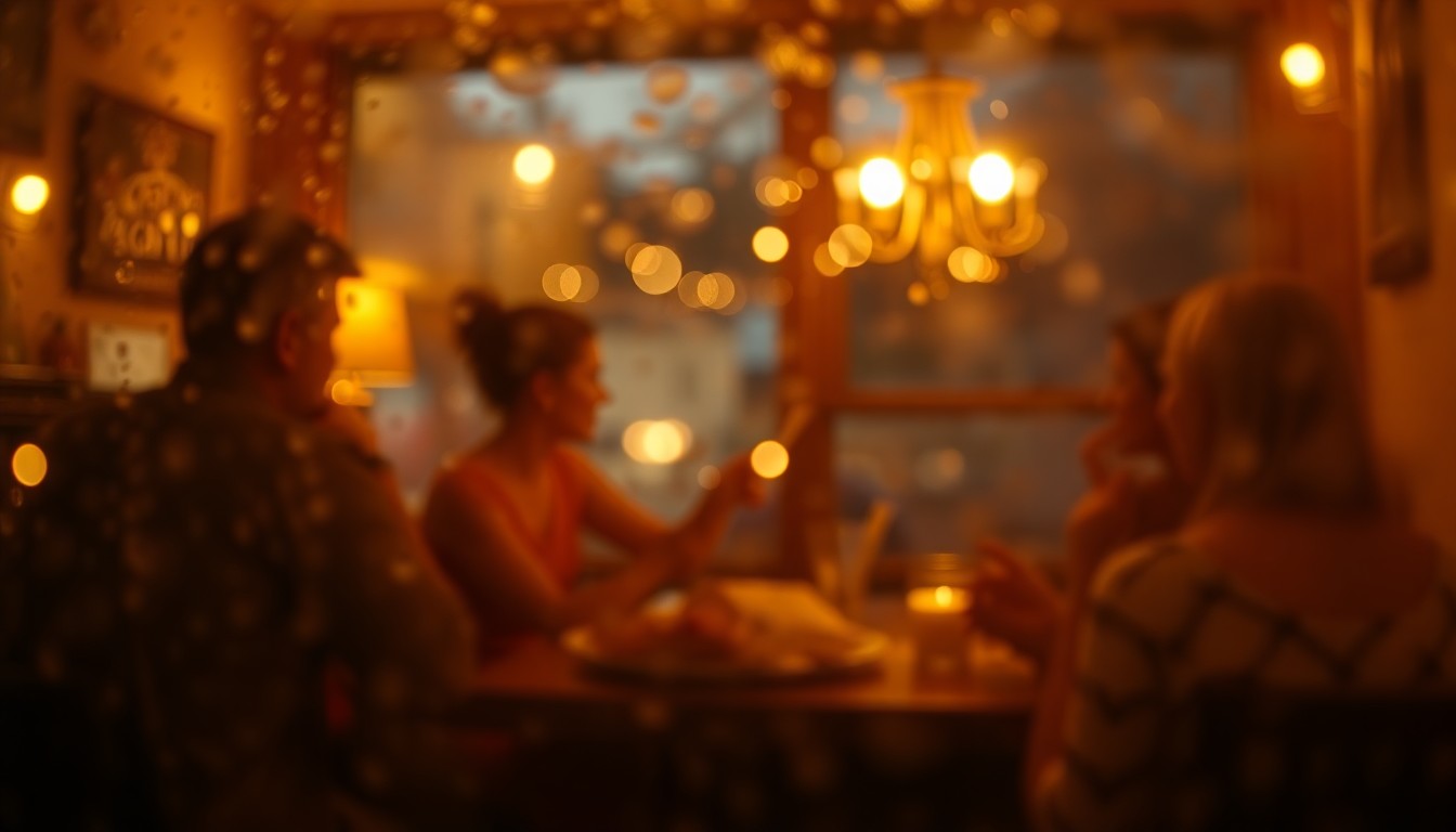 An abstract, out-of-focus image depicting a blurred, warm-toned brunch scene with muted colors and soft lighting, conveying the cozy and inviting atmosphere of Columbus' top brunch spots.