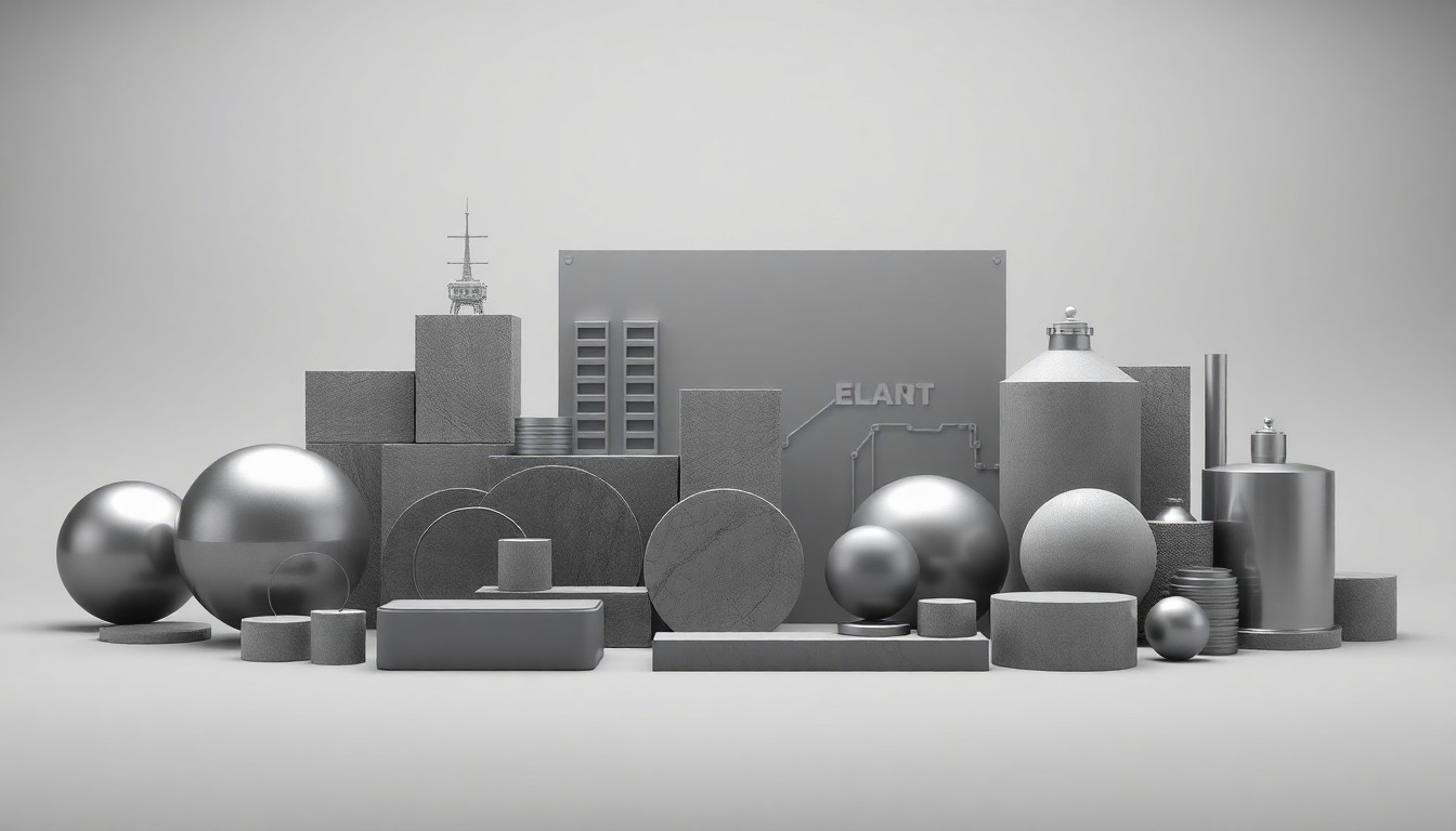 A photorealistic studio still life featuring a collection of sleek, polished metal and glass objects arranged elegantly on a clean, grey background, representing the abstract concepts of corporate investment and economic growth.