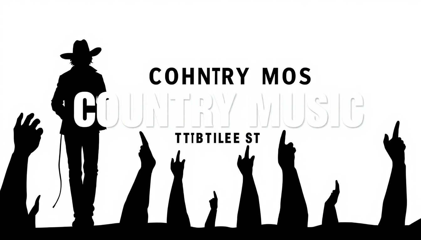 A striking black and white illustration featuring abstract, geometric silhouettes and shapes, conveying the lively atmosphere of a country music tribute concert.