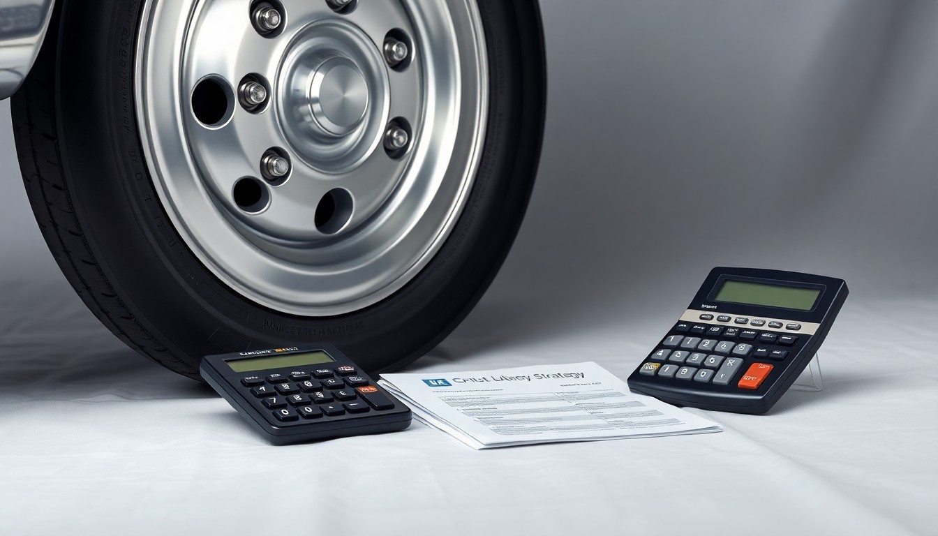 A photorealistic studio still life featuring a polished metal RV wheel rim, a stack of financial documents, and a calculator on a clean, monochromatic background, conceptually representing the corporate finance issues at the heart of this story.