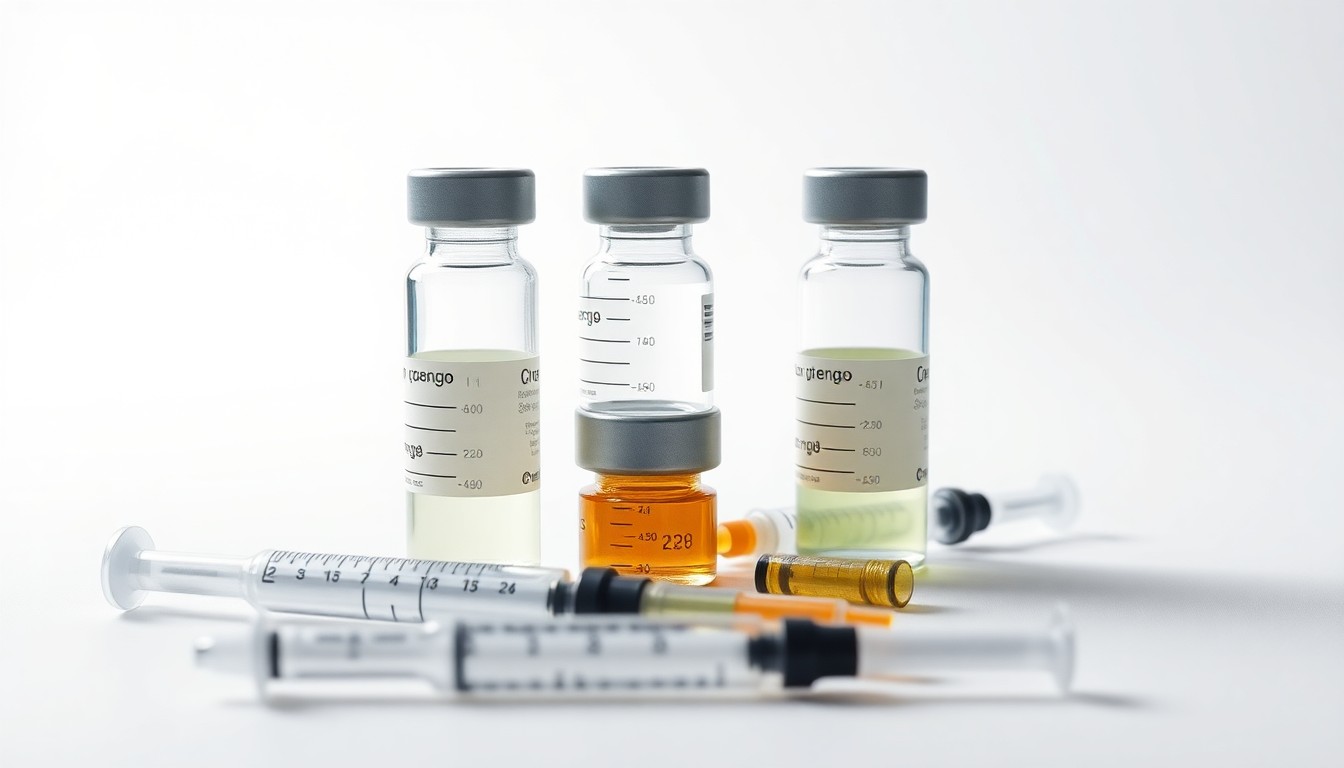 A high-end, photorealistic studio still-life photograph featuring a stack of polished glass and metal pharmaceutical vials and syringes arranged elegantly on a clean, white seamless background, using dramatic lighting and shadows to conceptually represent the abstract themes of corporate fraud and financial risk.