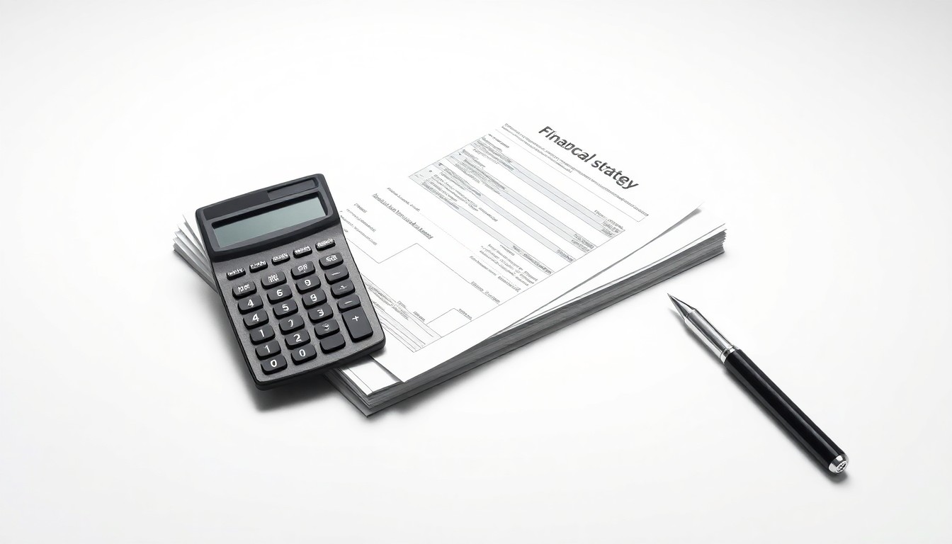 A minimalist studio still life photograph featuring a stack of financial reports, a calculator, and a pen arranged elegantly on a clean white background, conveying the abstract concepts of corporate finance and strategic growth.