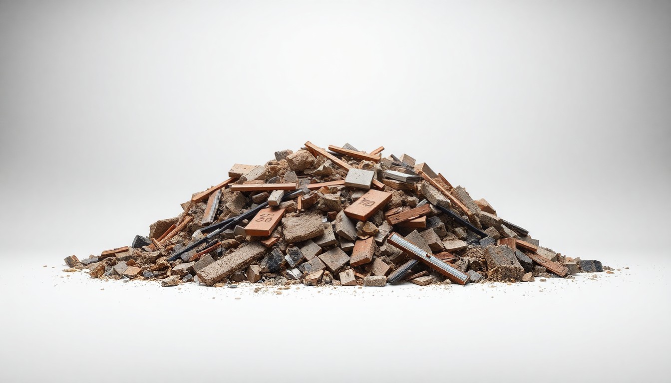 A high-end, photorealistic studio still-life photograph featuring a pile of rubble and debris from a demolished building, representing the end of an era for the RiverGate Mall. The objects are arranged elegantly on a clean, monochromatic seamless background, using sharp, dramatic studio lighting and deep shadows to symbolize the abstract concepts of urban redevelopment, economic transformation, and the changing face of a community.